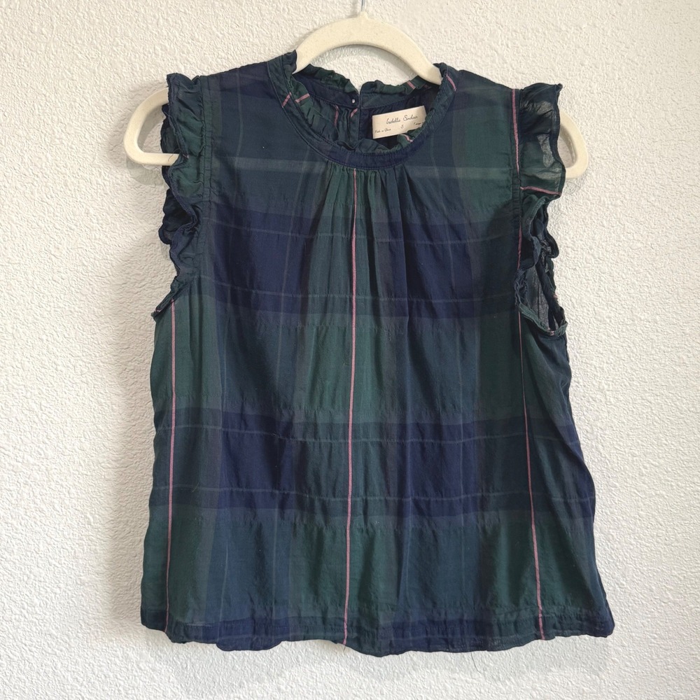 Isabella Sinclair Anthropologie Plaid Ruffle‎ Cap Sleeve Top Preppy Academia